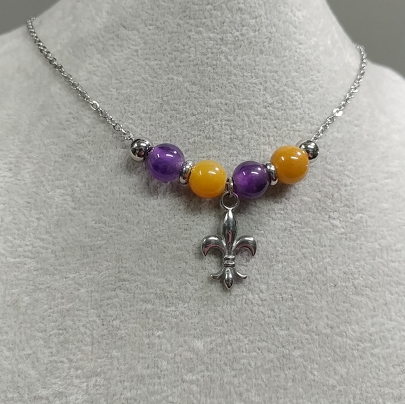 Fleur De Lis Amethyst Jade Bead Necklace Natural Gemstone LSU Purple & Gold NOLA - Picture 14 of 17